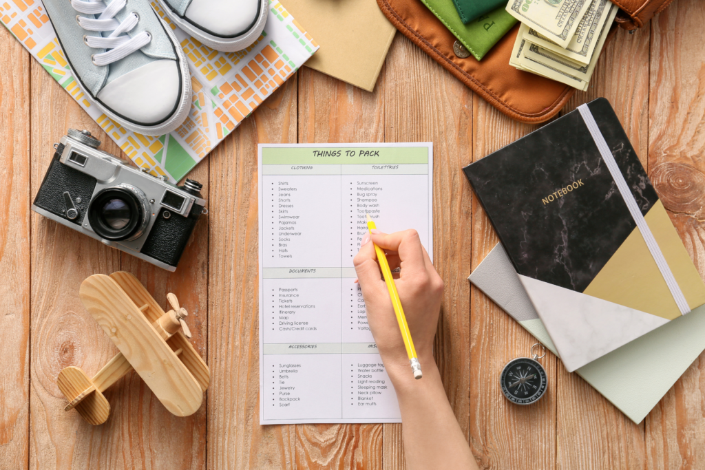 This photo shows someone ticking items off a packing list